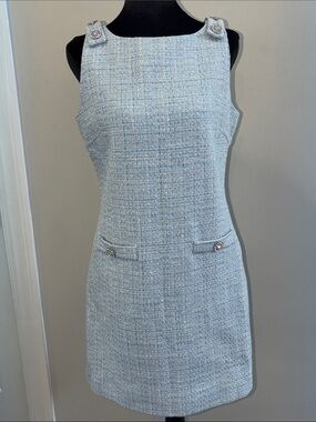 Maje Light Blue Tweed Sleeveless Shift Dress with Jeweled Buttons FR40/USL